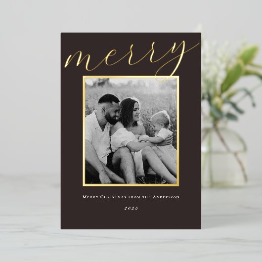 Classic Donkerbruin en Goud Lijst Familiefoto Folie Feestdagenkaart (Staand Voorkant)