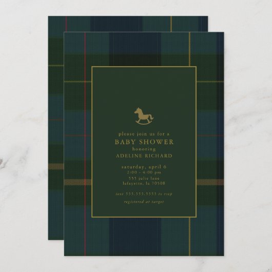 Classic Donkergroen Plaid Equestrian Baby shower Kaart (Voorkant / Achterkant)