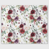 Classic Donkerrood Paarse witte Waterverf Bloemen Cadeaupapier (Vlak)