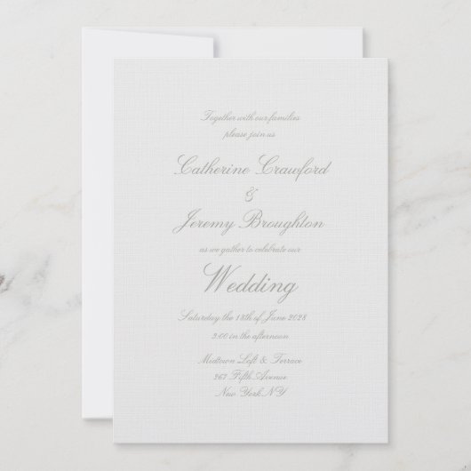 Classic Dove Grey Linen Wedding Script Invitation Kaart (Voorkant)