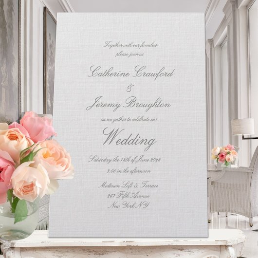 Classic Dove Grey Linen Wedding Script Invitation Kaart