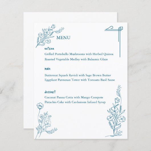 Classic Drawn Floral Ocean Blue Wedding Menu (Voorkant / Achterkant)