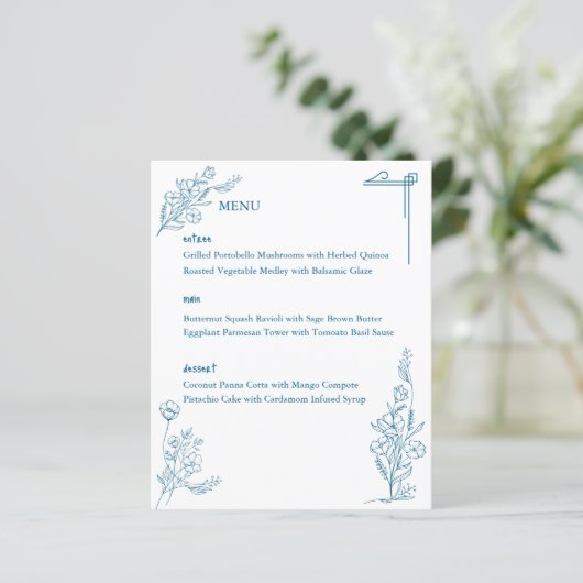 Classic Drawn Floral Ocean Blue Wedding Menu (Staand voorkant)