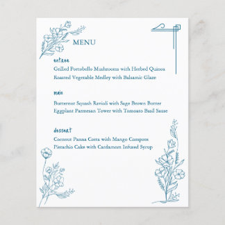 Classic Drawn Floral Ocean Blue Wedding Menu