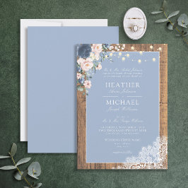 Classic Dusty Blue Blush Rustic Wood Lace Script Kaart