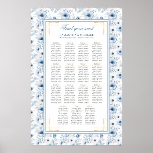 Classic Dusty Blue Boho Gold Glitter Zitplaatdiagr Poster (Voorkant)