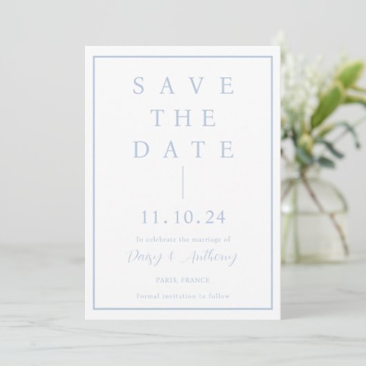 Classic Dusty Blue Border | Eenvoudig Elegant Save The Date (Staand voorkant)