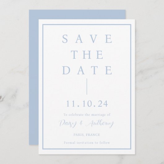 Classic Dusty Blue Border | Eenvoudig Elegant Save The Date (Voorkant / Achterkant)