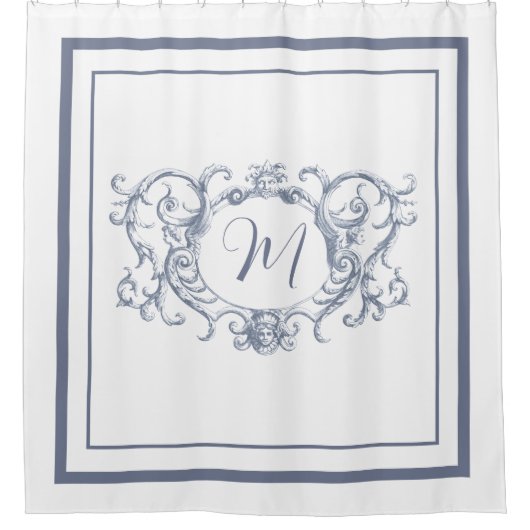 Classic dusty blue Border Script Monogram Douchegordijn (Voorkant)