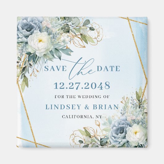 Classic Dusty Blue Botanical Gold Save The Date  Magneet (Voorkant)