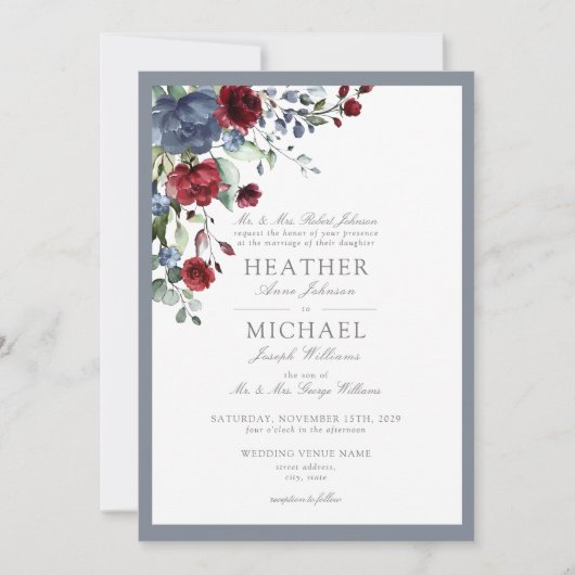 Classic Dusty Blue Burgundy Waterverf Floral Kaart (Voorkant)