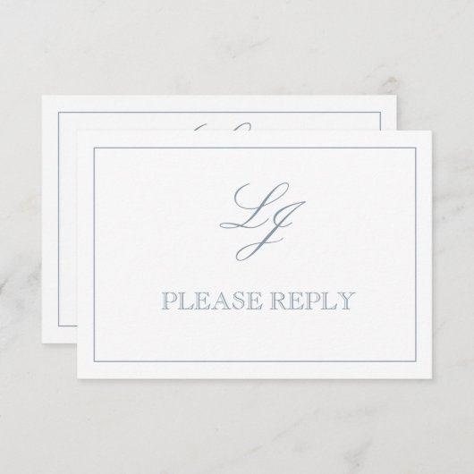 Classic Dusty Blue Calligraphy Monogram No Means RSVP Kaartje (Voorkant / Achterkant)