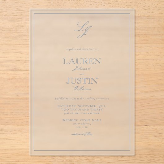 Classic Dusty Blue Calligraphy Monogram Weddenscha Acryl Uitnodigingen (Voorkant)