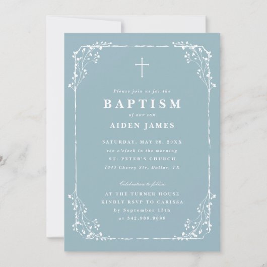 Classic Dusty Blue Dainty Floral Frame Baptism Kaart (Voorkant)
