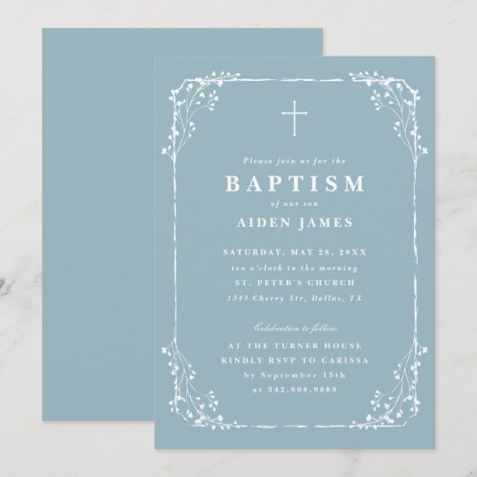 Classic Dusty Blue Dainty Floral Frame Baptism Kaart (Voorkant / Achterkant)