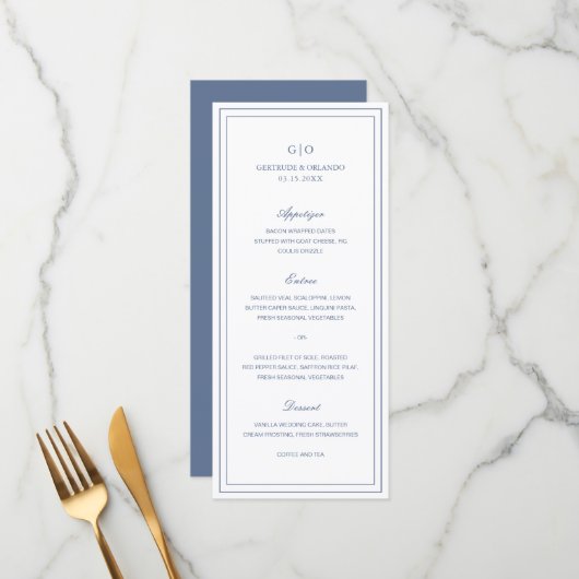 Classic Dusty Blue Elegant Wedding Menu (Voorkant / Achterkant in situ)
