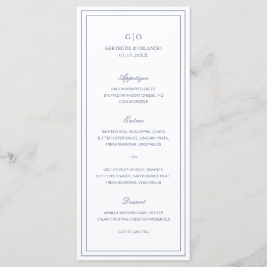 Classic Dusty Blue Elegant Wedding Menu (Voorkant)