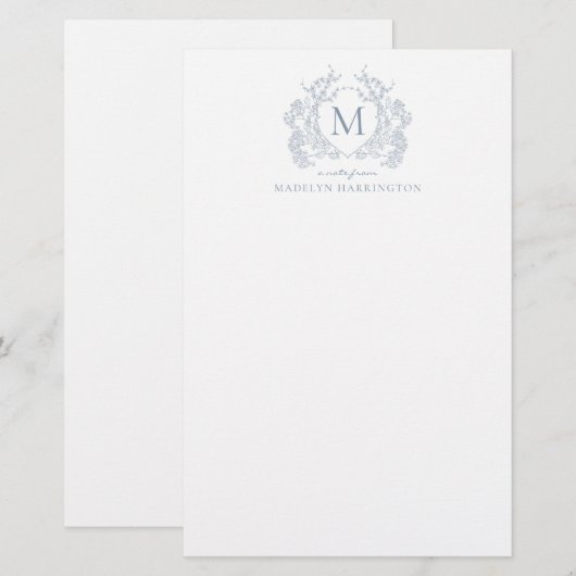Classic Dusty Blue Floral Crest Monogram Briefpapier (Voorkant / Achterkant)
