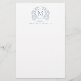Classic Dusty Blue Floral  Crest Monogram Briefpapier