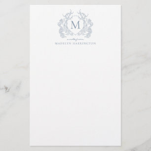 Classic Dusty Blue Floral Crest Monogram Briefpapier