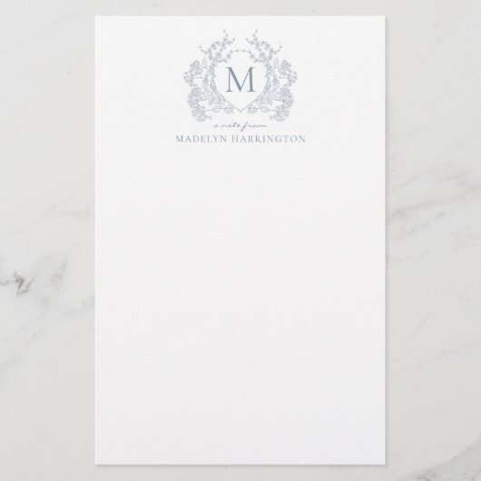 Classic Dusty Blue Floral Crest Monogram Briefpapier (Voorkant)