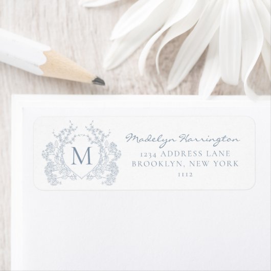 Classic Dusty Blue Floral Crest Monogram Etiket (Insitu)