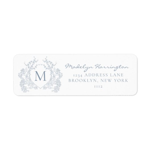 Classic Dusty Blue Floral Crest Monogram Etiket (Voorkant)