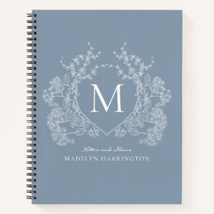 Classic Dusty Blue Floral Crest Monogram Journal Notitieboek