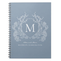 Classic Dusty Blue Floral Crest Monogram Notitiebo