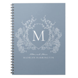 Classic Dusty Blue Floral Crest Monogram Notitiebo Notitieboek