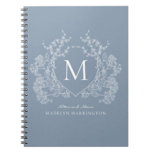 Classic Dusty Blue Floral Crest Monogram Notitiebo Notitieboek