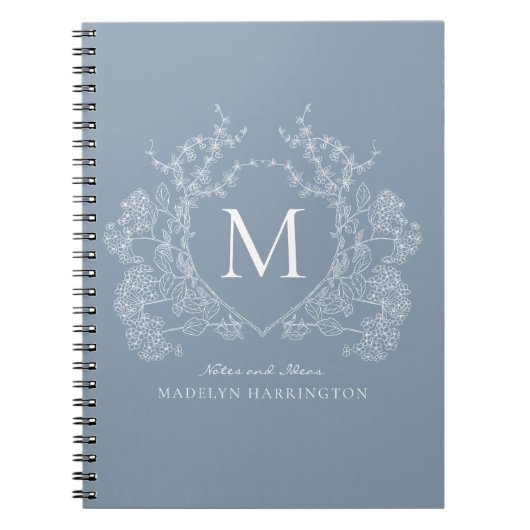 Classic Dusty Blue Floral Crest Monogram Notitiebo Notitieboek (Voorkant)