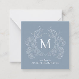 Classic Dusty Blue Floral Crest Monogram Notitiekaartje