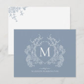 Classic Dusty Blue Floral Crest Monogram Notitiekaartje (Voorkant / Achterkant)
