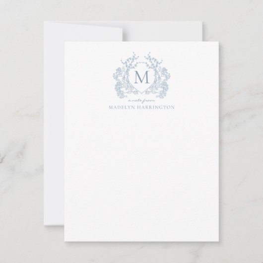 Classic Dusty Blue Floral  Crest Monogram Notitiekaartje (Voorkant)