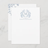 Classic Dusty Blue Floral  Crest Monogram Notitiekaartje (Voorkant / Achterkant)
