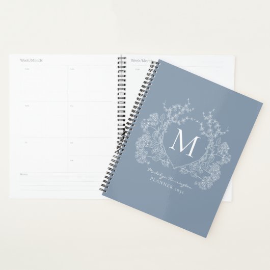 Classic Dusty Blue  Floral Crest Monogram Planner (Display)