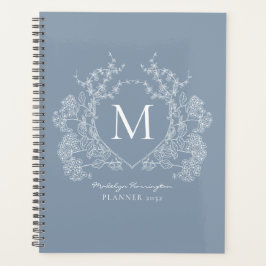 Classic Dusty Blue  Floral Crest Monogram Planner