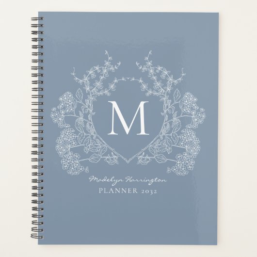 Classic Dusty Blue  Floral Crest Monogram Planner (Voorkant)