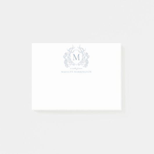 Classic Dusty Blue Floral  Crest Monogram Post-it® Notes (Voorkant)