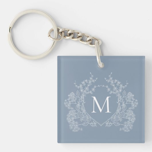 Classic Dusty Blue Floral Crest Monogram Sleutelhanger (Voorkant)