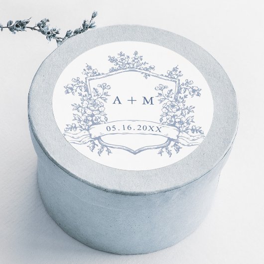 Classic Dusty Blue Floral Crest Monograms Ronde Sticker