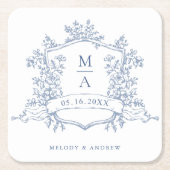 Classic Dusty Blue Floral Crest Monograms Wedding  Kartonnen Onderzetters (Voorkant)