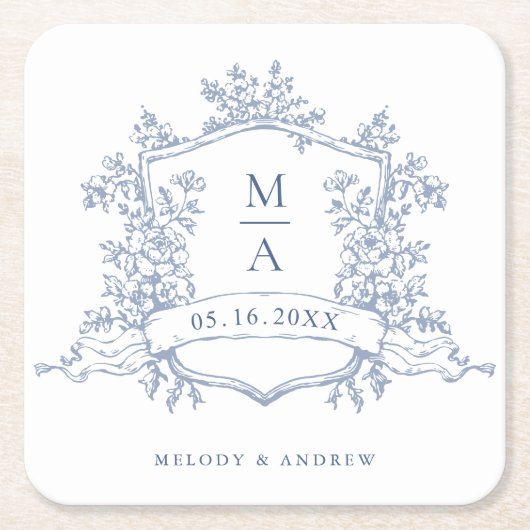 Classic Dusty Blue Floral Crest Monograms Wedding Kartonnen Onderzetters (Voorkant)