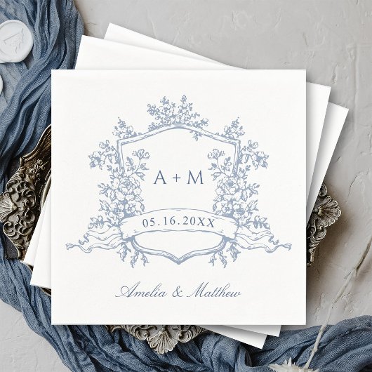 Classic Dusty Blue Floral Crest Monograms Wedding Servet