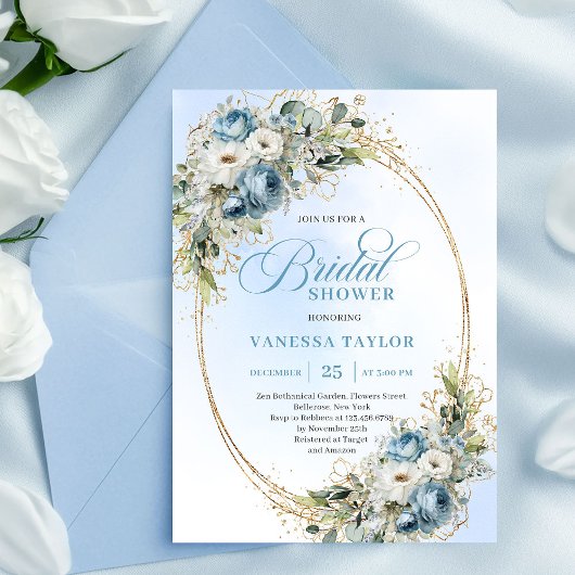 Classic Dusty Blue Floral Eucalyptus Bridal Shower Kaart