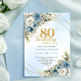 Classic Dusty Blue Floral Gold 80th Birthday Invit Kaart