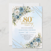 Classic Dusty Blue Floral Gold 80th Birthday Invit Kaart (Voorkant)