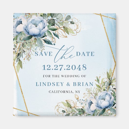 Classic Dusty Blue Floral Gold Frame Save the Date Magneet (Voorkant)