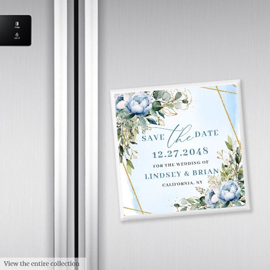 Classic Dusty Blue Floral Gold Frame Save the Date Magneet